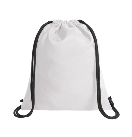 A white drawstring bag with black cords and a logo on one side.