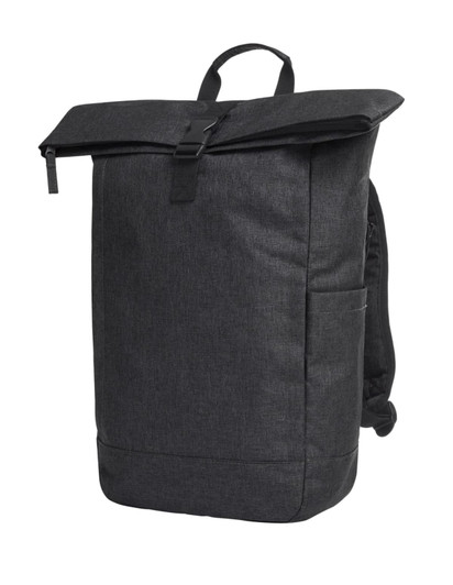 A dark grey Circle Backpack featuring a roll-top closure and side pocket, designed for carrying laptops.