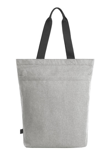 A grey tote bag with two black straps, featuring a simple and modern design. It has a front pocket and a logo.