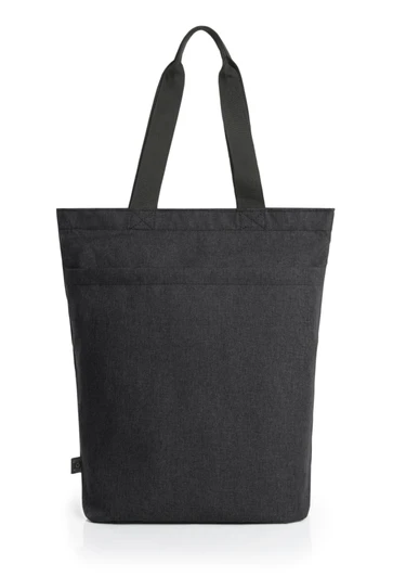 A reusable grocery bag in dark grey with two shoulder straps and a branded logo.