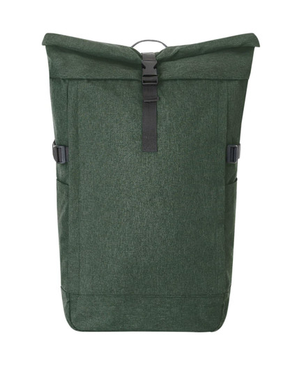 A green roll-top backpack featuring side buckles and a sleek design. It includes pockets for additional storage.