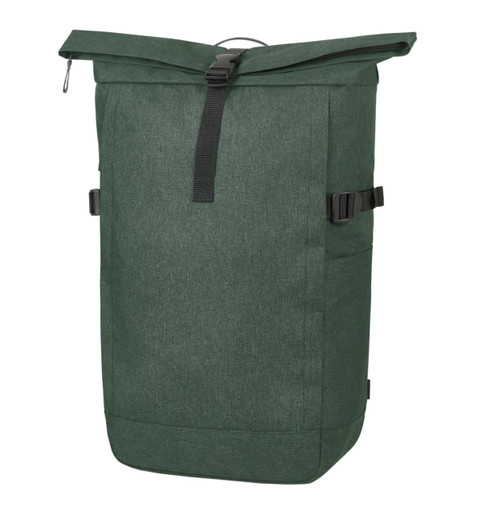 A green roll-top backpack with adjustable straps and a sleek design, featuring a logo on the side.