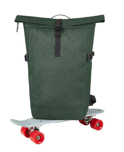 A green roll-top backpack sits on a skateboard, featuring adjustable straps and a logo.