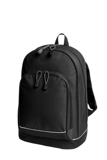 A black backpack featuring multiple compartments, a logo, and a sleek design with subtle white accents.