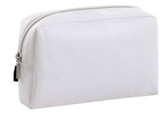 A white zippered bag with a rectangular shape and a black tab, featuring a logo on one side.