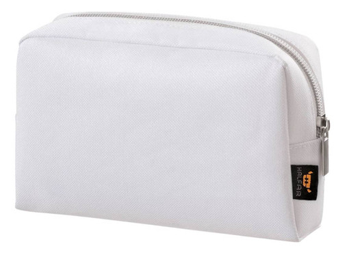 A white zipper bag with a smooth surface and a logo on the side, featuring a zip closure.