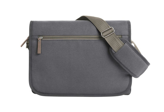 A grey satchel bag with a shoulder strap and a zippered pocket at the back, featuring a logo.