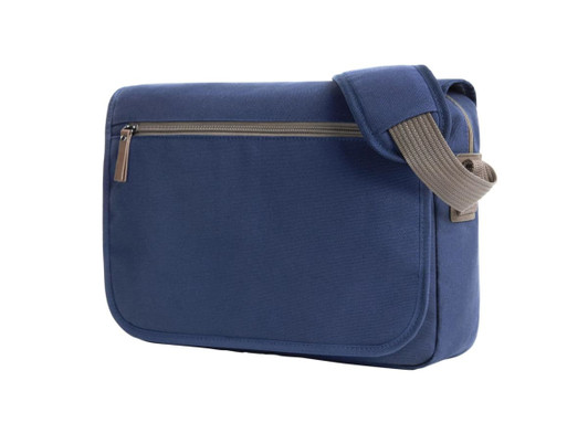 A navy shoulder bag with a zippered front pocket and a strap, featuring a simple design and a branding logo.