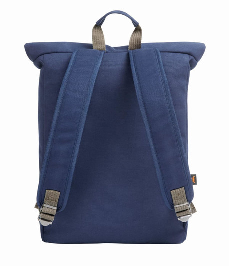 A navy blue backpack featuring adjustable straps and a top handle. It has a logo on the front.
