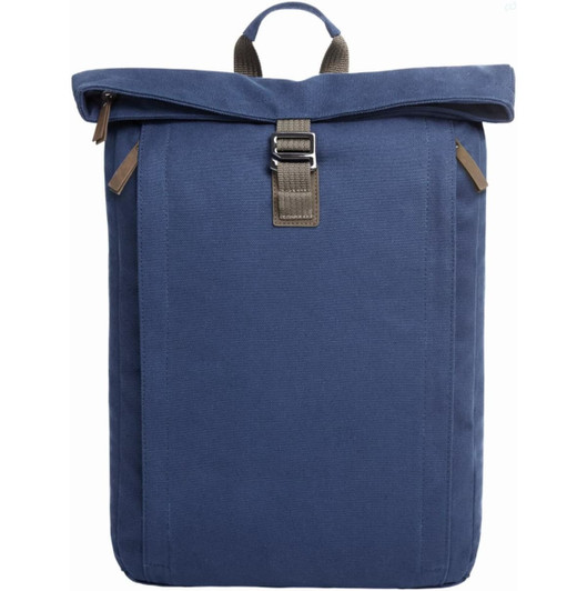A blue backpack with a roll-top design, featuring a buckle closure and two side zippers. It has a logo.