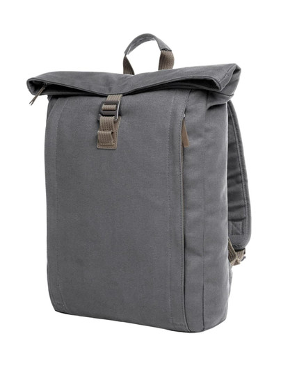A grey backpack with a roll-top design, featuring a clasp closure and adjustable straps, has a logo on it.