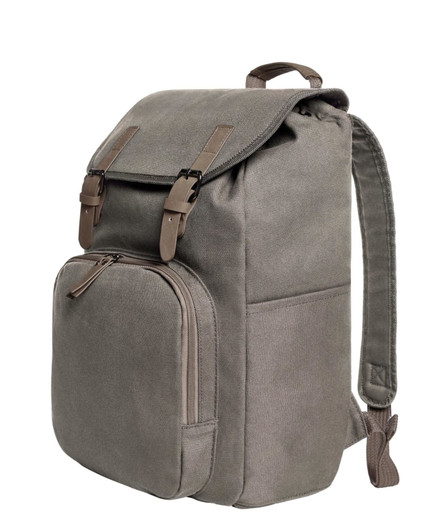 A grey backpack with a flap closure, two front straps, and a zippered pocket on the front. It has adjustable straps and a logo.