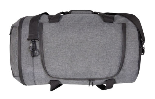 A grey multi bag featuring shoulder straps and side handles, with a front pocket and a logo.
