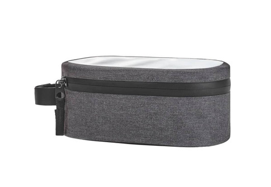 A grey bicycle frame bag with a zip closure and a handle, featuring a plain white interior.