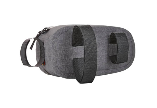 A grey bicycle frame bag featuring adjustable straps and a zippered closure, with a logo on the side.