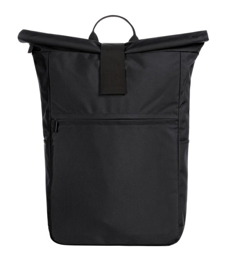 A black laptop backpack featuring a roll-top design with a front zip pocket and a handle on top.