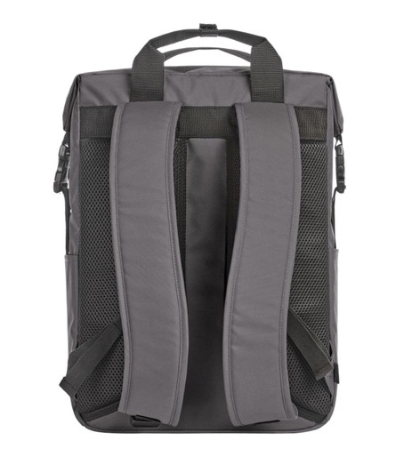 A grey backpack with padded shoulder straps and a mesh back for comfort, featuring an organisational design and a logo.
