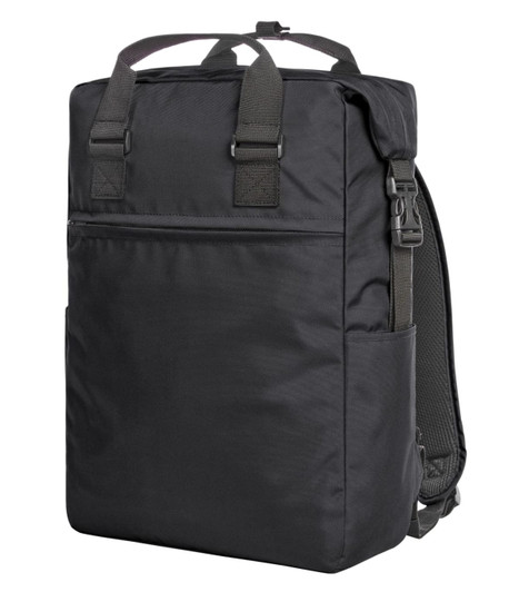 A black laptop backpack with adjustable straps, a front pocket, and padded back for comfort. Features a logo.