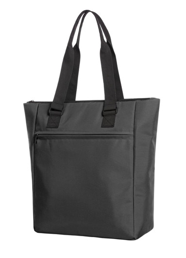 A black cooler bag with two sturdy handles and a front zip pocket, featuring a logo.