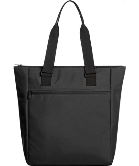 A black cooler bag with two handles and a zip pocket on the front, featuring a logo.