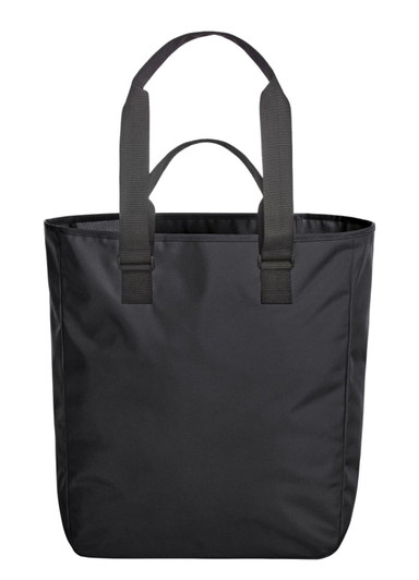 A black tote bag with two sturdy handles and a spacious interior, featuring a logo on the front.