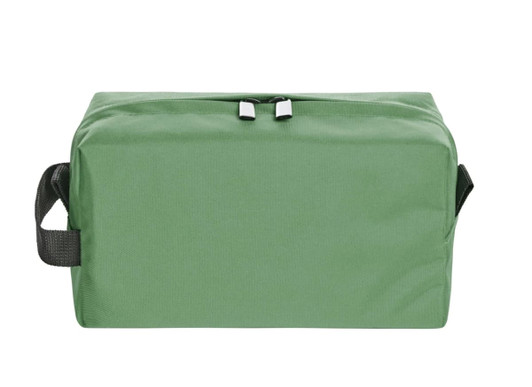 A green toiletry bag with a rectangular shape and a double zip closure, featuring a side handle.