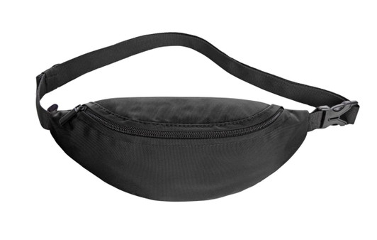 A black waist bag with a curved shape, featuring a zippered pocket and an adjustable strap. It has a logo.