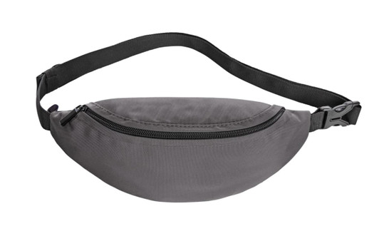 A grey bum bag with a zipper and adjustable strap, featuring a logo. Ideal for carrying essentials hands-free.