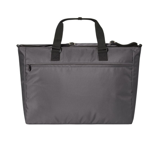 A large grey duffle bag with sturdy handles and a zippered front pocket. It features a logo on the side.