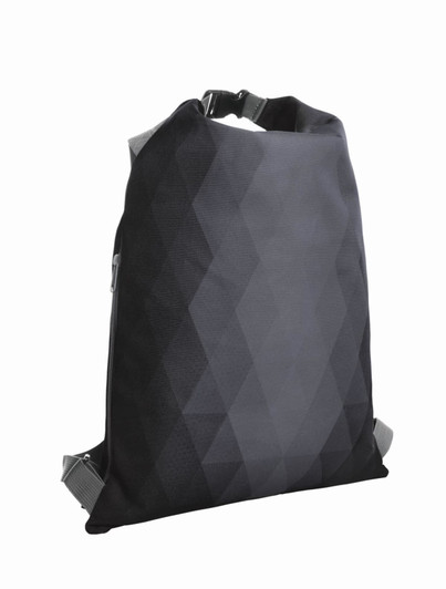 A black and grey patterned backpack featuring a geometric design and adjustable straps. It has a logo on the surface.