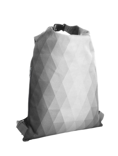 A geometric-patterned backpack in shades of grey, featuring adjustable straps and a logo.