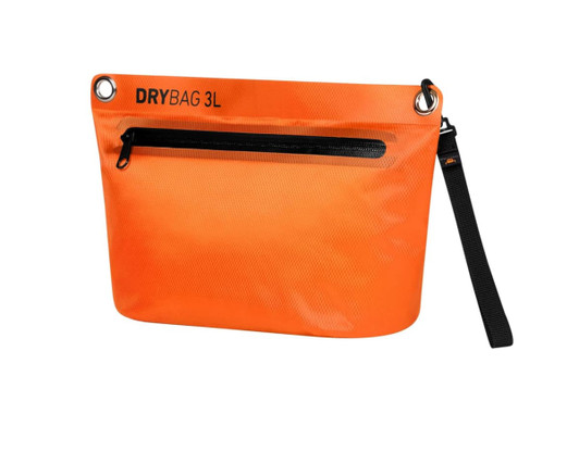 An orange Drybag Zipper Bag with a black zip pocket and a detachable strap. It features a logo.