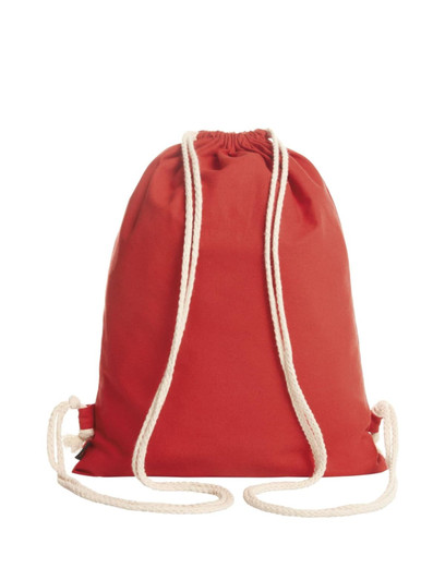 A red drawstring bag with cream-coloured ropes, featuring a branding logo.