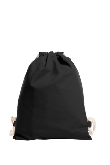 A black drawstring bag with natural rope ties and a branded label on one side.