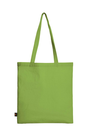 A green tote bag with long handles, featuring a simple design and a logo on the side.