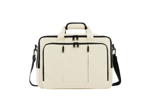 A beige laptop backpack with black accents featuring handles, zippers, and adjustable shoulder straps. It has a logo on it.