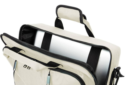 A cream laptop backpack with a black interior, featuring a top handle and a compartment for a laptop.