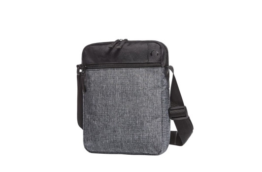A grey crossbody bag with a black top section, featuring a zippered compartment and an adjustable strap.