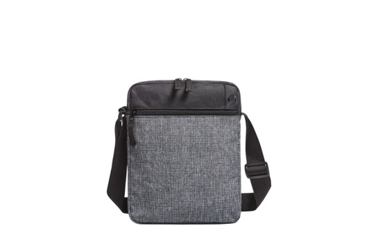 A grey crossbody bag with a structured design, featuring a zippered compartment and an adjustable strap.