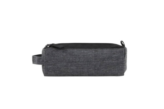 A grey pencil case with a black zipper and a side handle, featuring a simple design and a logo.