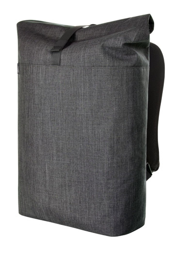 A grey roller backpack with a sleek design and padded straps, featuring a logo on the front.
