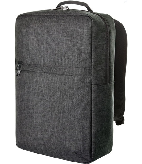 A laptop backpack in dark grey with a minimalist design and a front pocket, featuring a top handle and shoulder straps.