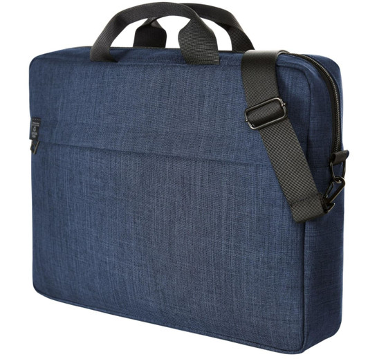 A navy blue laptop bag with a handle and an adjustable strap, featuring a logo on the front.