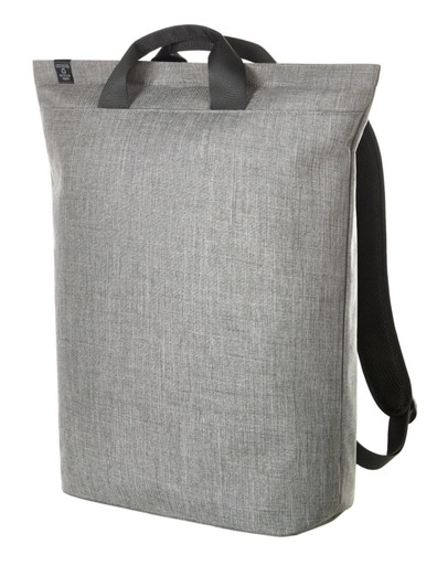 A grey laptop backpack with a minimalist design, featuring handles and adjustable shoulder straps. It has a logo.