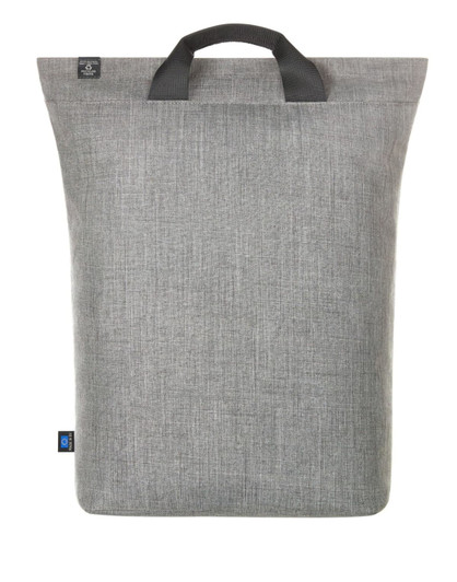 A grey laptop backpack featuring a minimalist design and a top handle, with branding visible.
