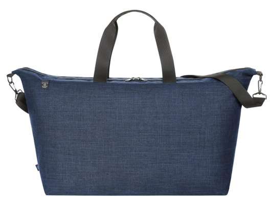 A navy blue duffle bag with sturdy handles and a detachable shoulder strap, featuring a logo.