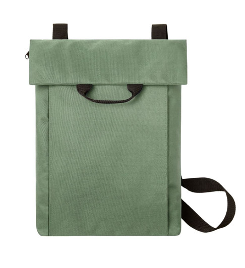A green backpack with a roll-top design, featuring a handle and a shoulder strap. It has a logo.