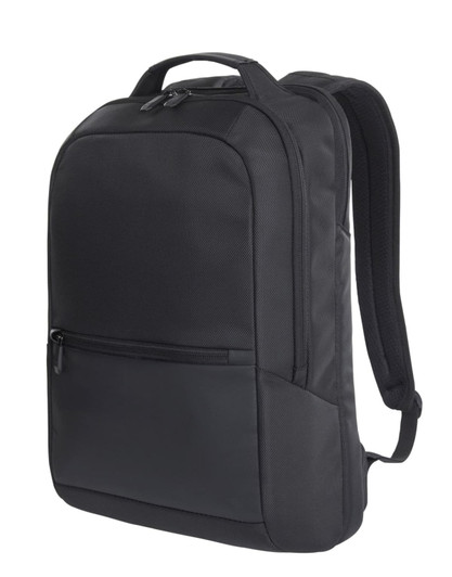 A black laptop backpack with a slim design, featuring a front zip pocket and padded shoulder straps.