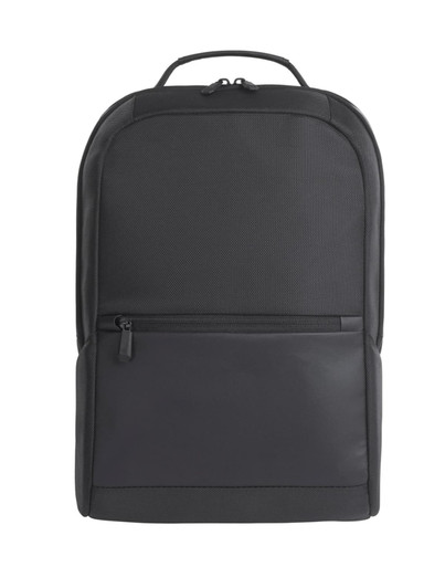 A black laptop backpack with a smooth finish and a front zippered pocket, featuring a logo.