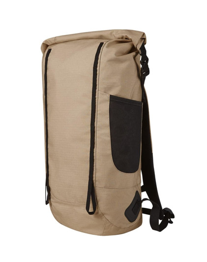 A tan and black Explore Backpack with a roll-top closure and side mesh pocket. Features adjustable straps for comfort.